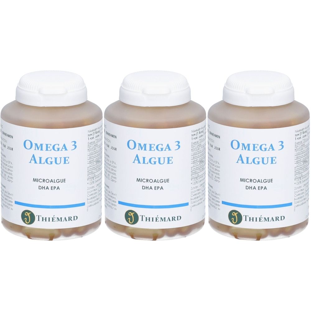 Drei Flaschen mit Omega 3 Algen. Aufschrift: Omega 3 Algue, Microalgue DHA EPA. Marke: THIÉMARD.