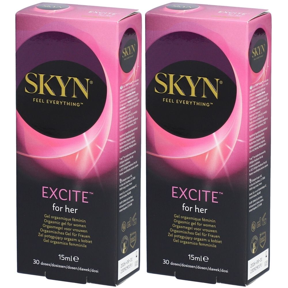 Zwei Schachteln SKYN EXITE Gel für Frauen. Rosa-schwarzes Design, Produktname und Volumenangabe 15ml. Aufschrift: FEEL EVERYTHING.