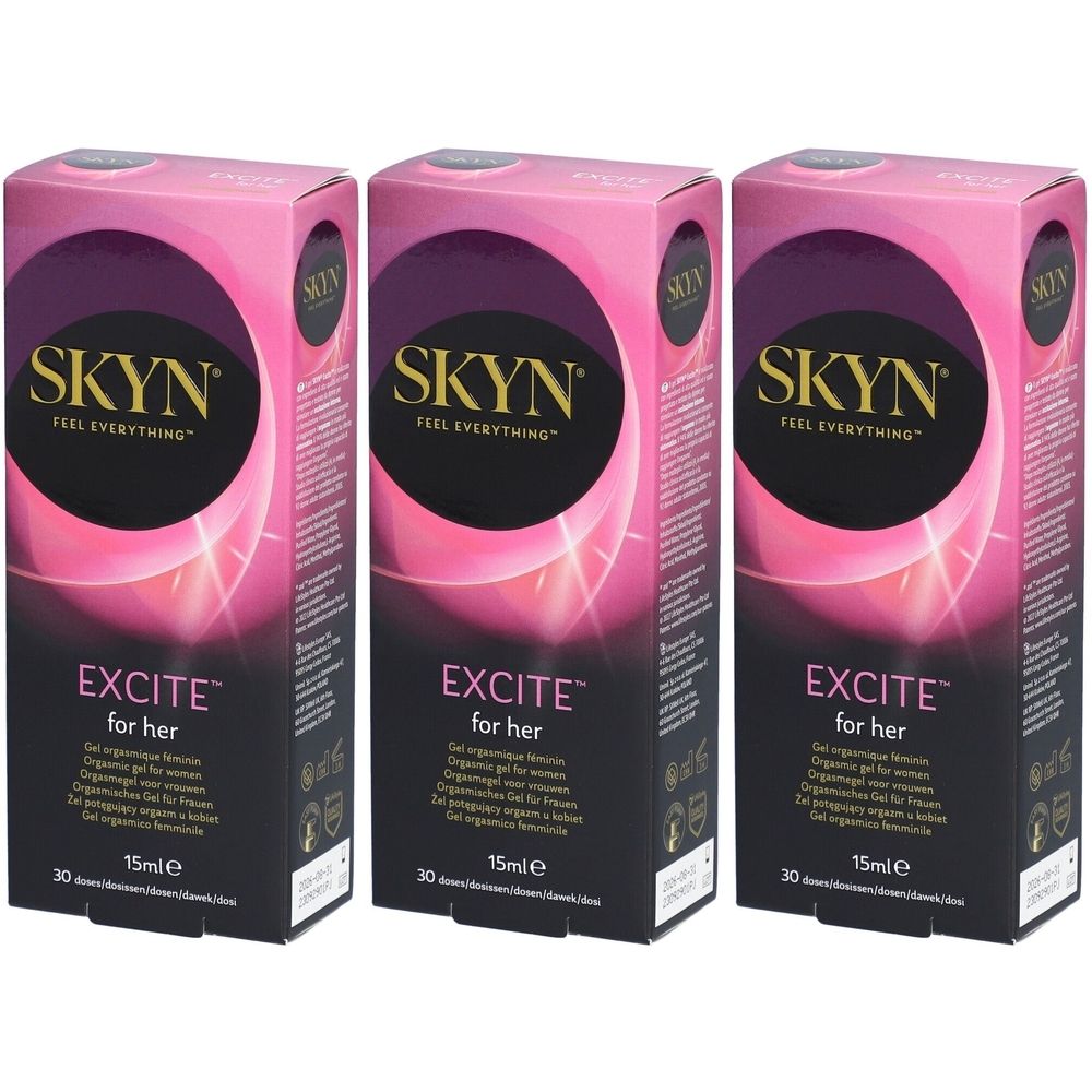 Drei Schachteln mit SKYN EXCITETM Gel für Frauen. Rosa-schwarze Verpackung mit Produktnamen und Volumenangabe.
