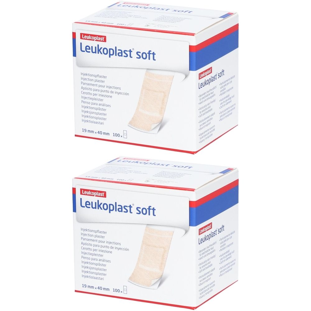 Deux boîtes de pansements injectables Leukoplast soft. Boîtes blanches avec image du produit et texte. Dimensions : 19 mm x 40 mm.