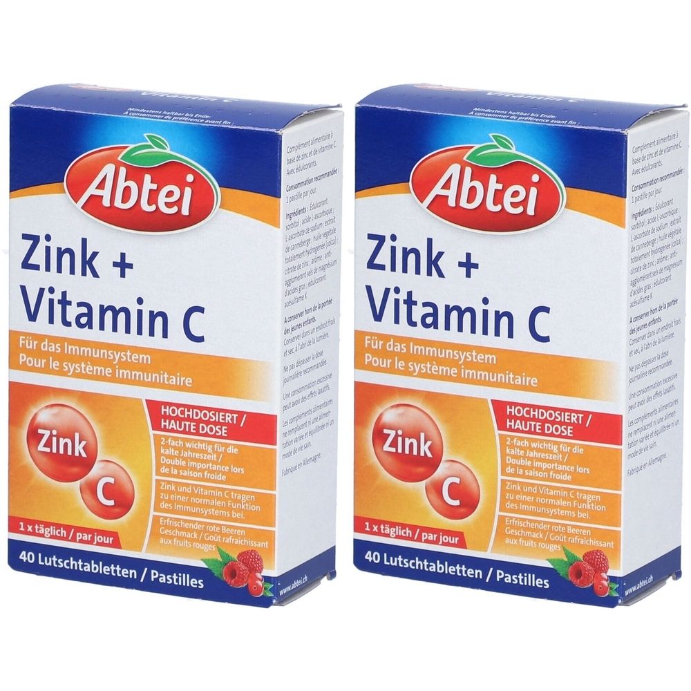 Zwei Schachteln ABTEI Zink + Vitamin C Lutschtabletten. Aufschrift: Zink + Vitamin C, 40 Lutschtabletten. Orangefarbene Grafik.