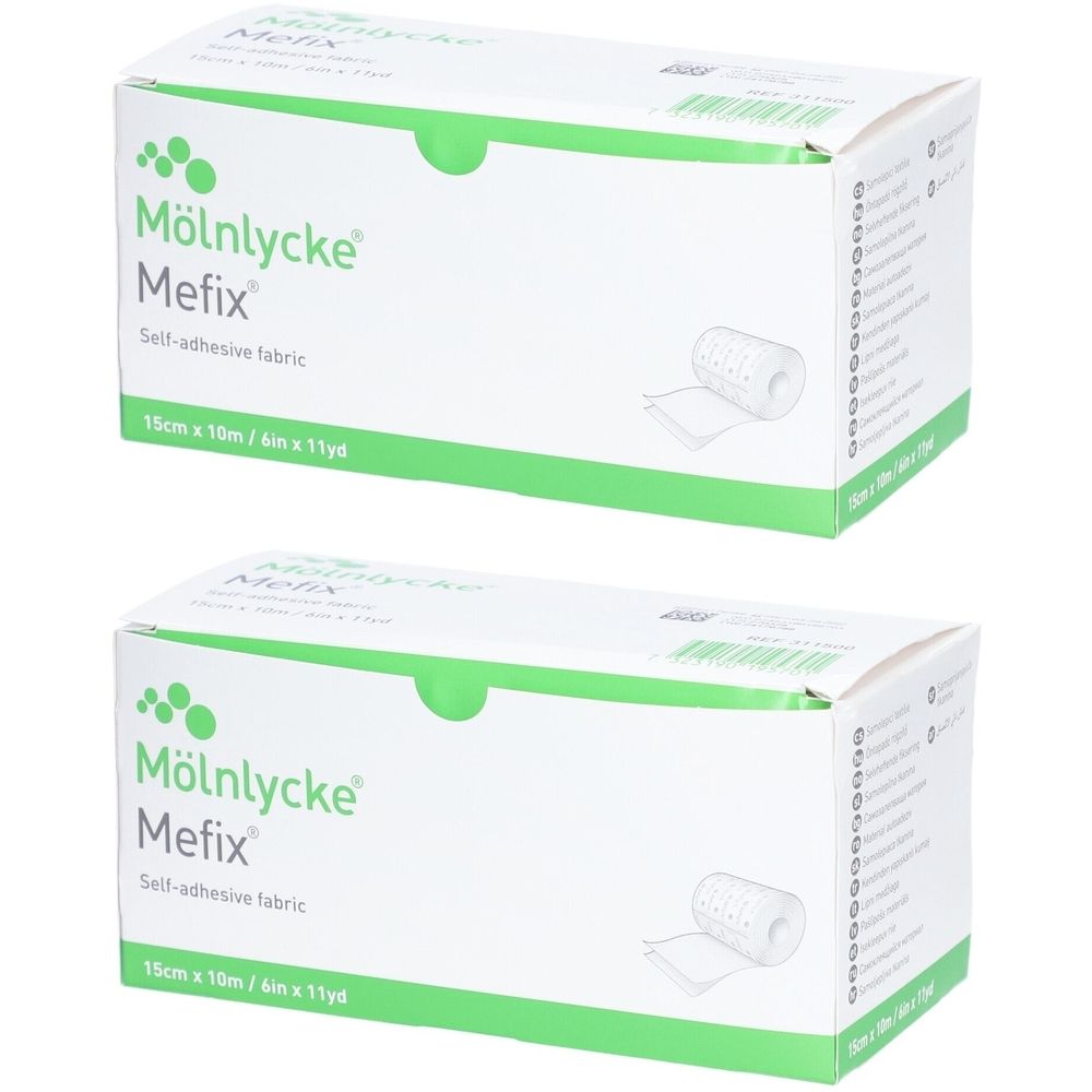 Zwei Kartons Mefix Fixationsvlies. Aufschrift: Mölnlycke Mefix, selbstklebendes Gewebe, 15cm x 10m. Abbildung des Produkts.