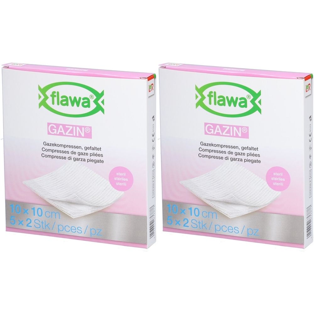Zwei Kartons FLAWA Gazin Gazekompressen. Aufdruck: 10 x 10 cm, 5 x 2 Stück. Rosa-weiße Verpackung mit Logo und Produktbezeichnung.