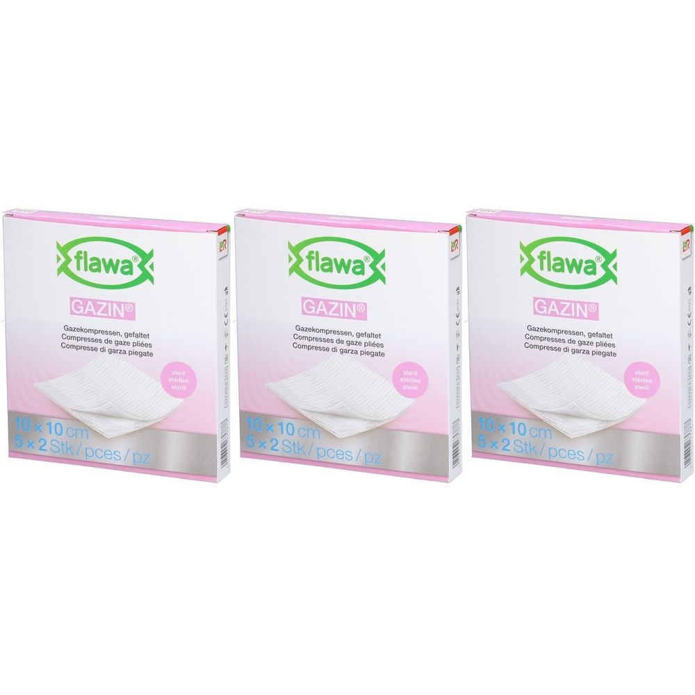 Drei Packungen Gazekompressen. Rosa-weiße Verpackung mit Logo und Produktbezeichnung. Größe: 10 x 10 cm.