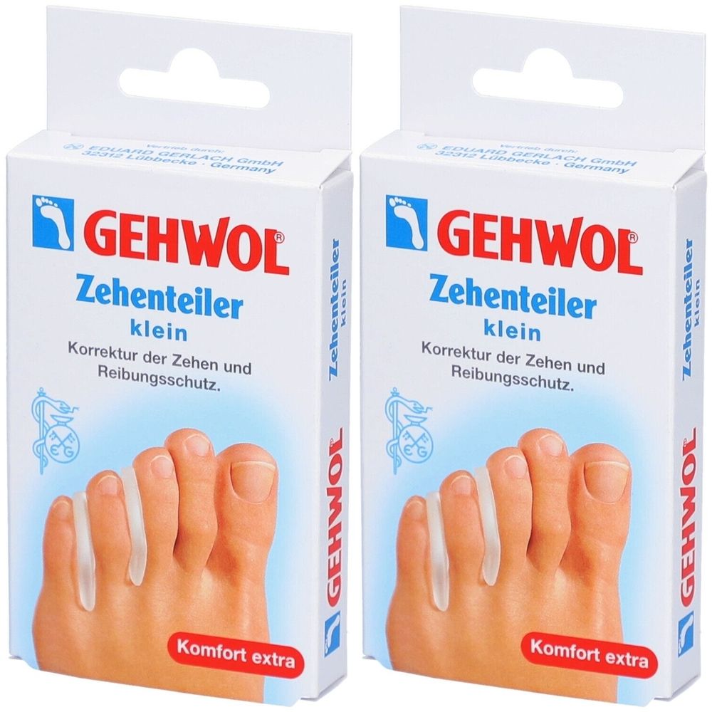 Zwei Schachteln mit GEHWOL Zehenteiler. Aufdruck: Korrektur der Zehen und Reibungsschutz. Produktabbildung: Zehen mit Zehenteiler.