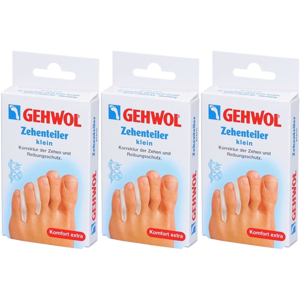 Drei Schachteln GEHWOL Zehenteiler. Auf jeder Schachtel: Produktabbildung, Markenname, Produktname, und Text: Komfort extra.