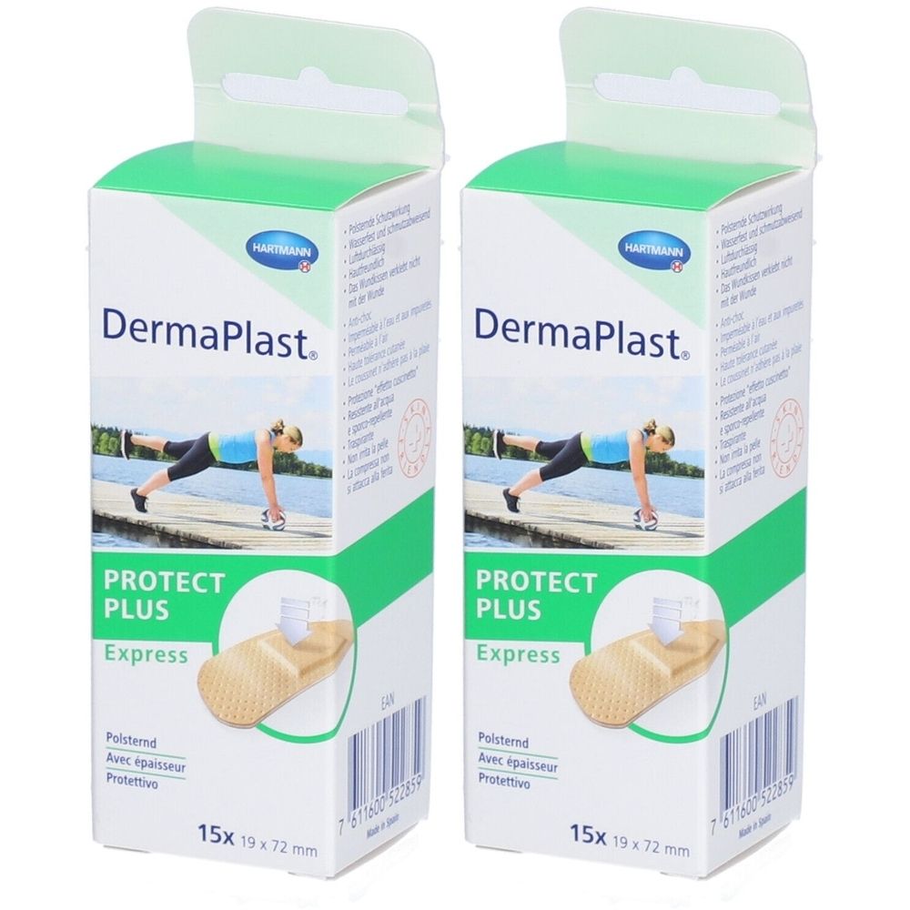 Deux boîtes de pansements DermaPlast Protect Plus Express. 15 pièces, 19x72mm. Logo Hartmann. Emballage vert et blanc.