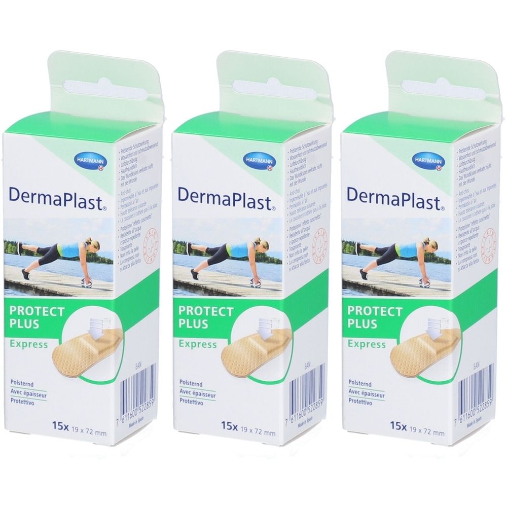 Trois boîtes de pansements DermaPlast Protect Plus Express. Chaque boîte contient 15 pansements de 19x72mm.