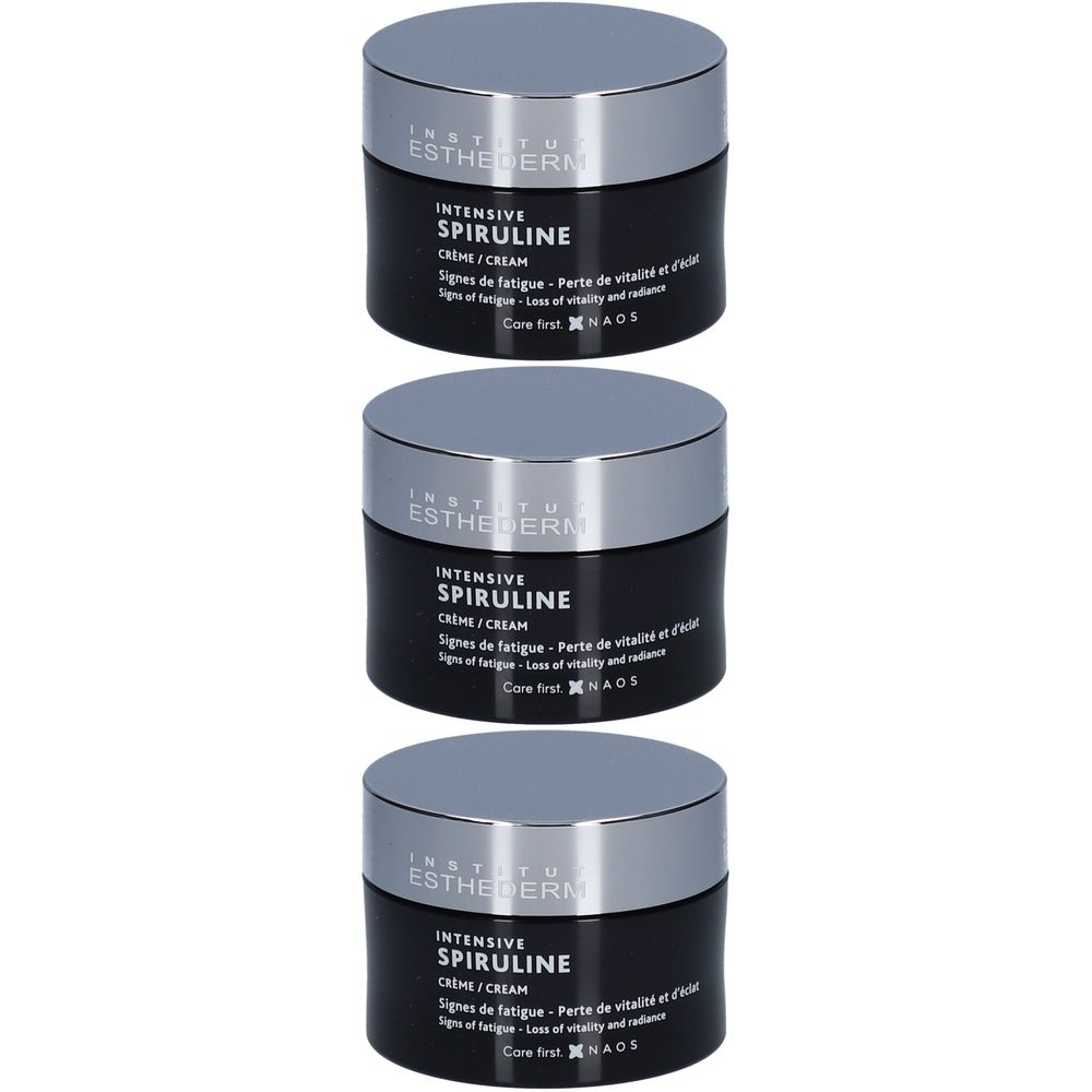 Trois pots de crème INSTITUT ESTHEDERM Intensiv-Spiruline. Pots noirs avec couvercles argentés. Inscription: INTENSIVE SPIRULINE.