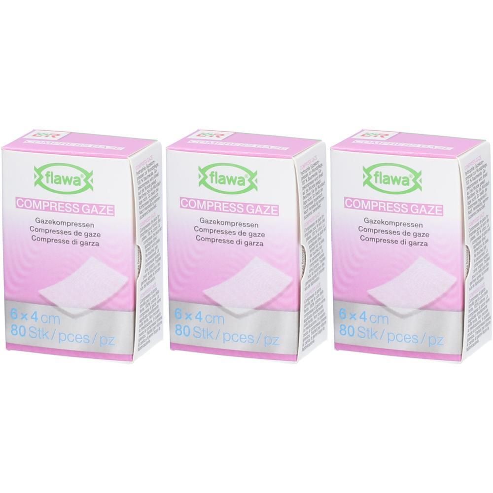 Trois paquets de compresses de gaze Flawa 8x4 cm, 80 pièces par paquet.