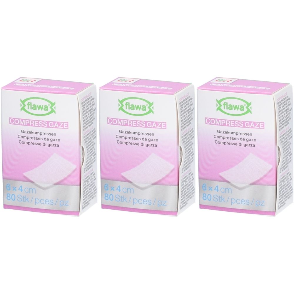 Drei Schachteln Flawa Mullkompressen. Rosa-weiße Verpackung mit Produktname und Abbildung. Größe 8x4cm, 80 Stück.