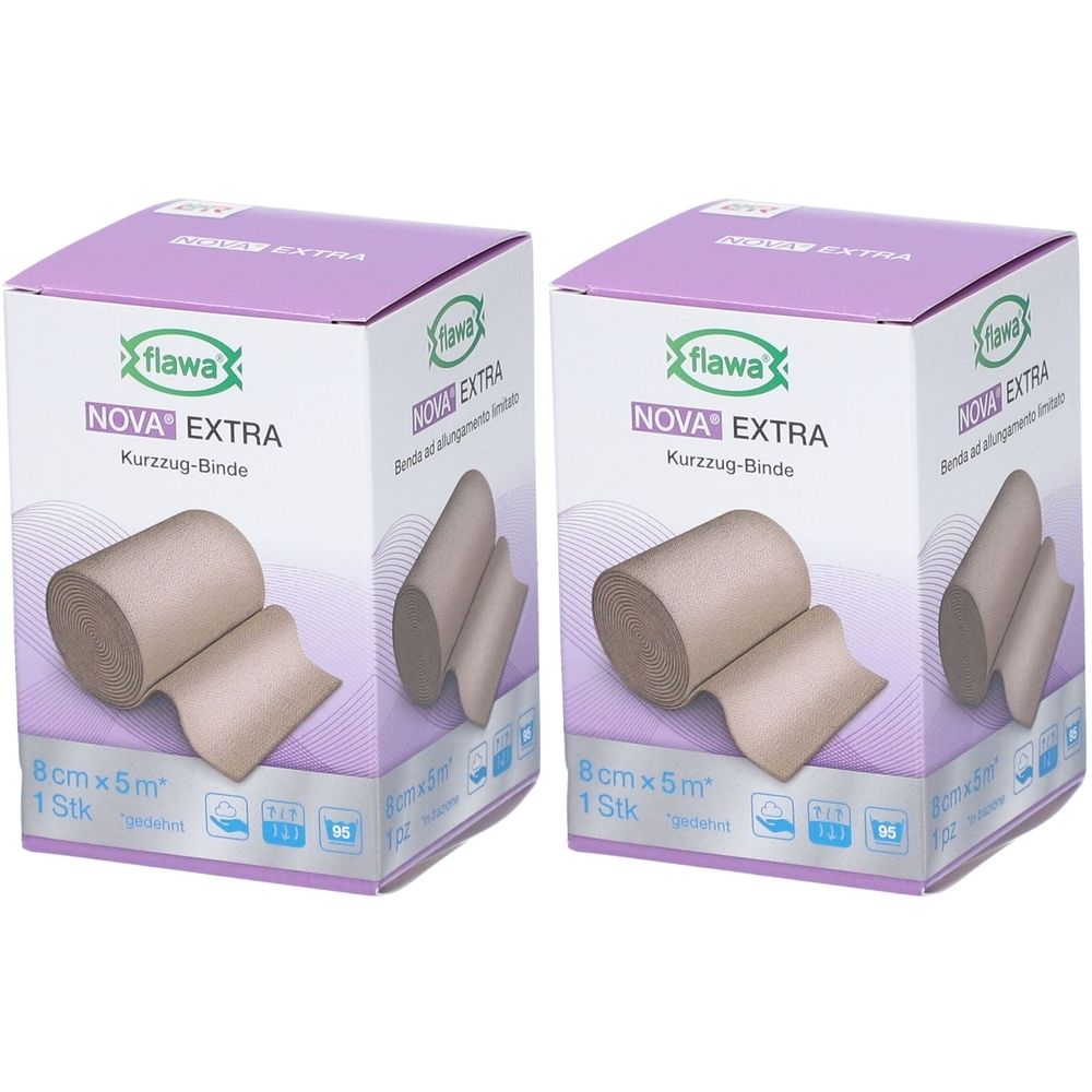 Zwei Kartons FLAWA Nova Extra Kurzzug-Binde. Aufdruck: 8cm x 5m, 1 Stk. Produktabbildung zeigt eine Rolle Verbandmaterial.