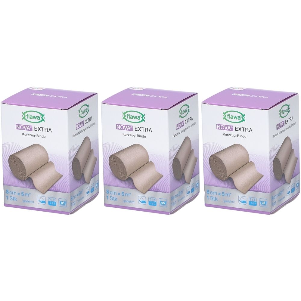 Drei Kartons FLAWA Nova Extra Kurzzug-Binde. Auf jedem Karton: Produktabbildung, Schriftzug Nova Extra, 8cm x 5m, 1 Stk.