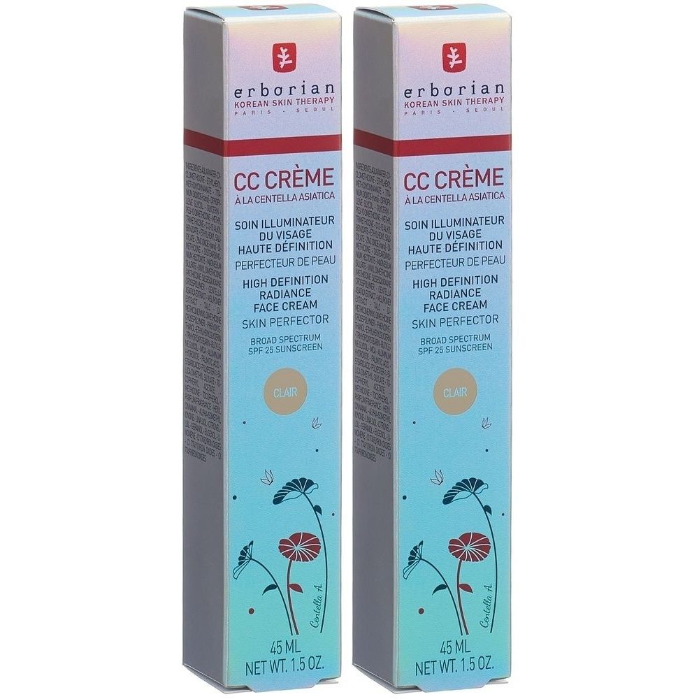 Zwei längliche Kartons mit Produktbeschriftung. Aufschrift: CC Crème, Hautperfektionierer, Sonnenschutz. Marke: Erborian.