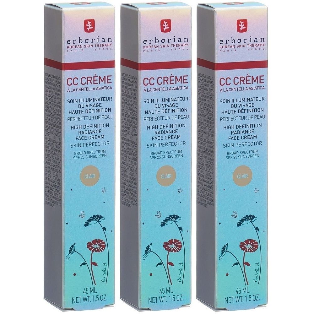 Drei Schachteln Erborian CC Crème. Aufschrift: CC Crème, Haut perfektionierend, Lichtschutzfaktor 25. Farbe: Klar. 45 ml.