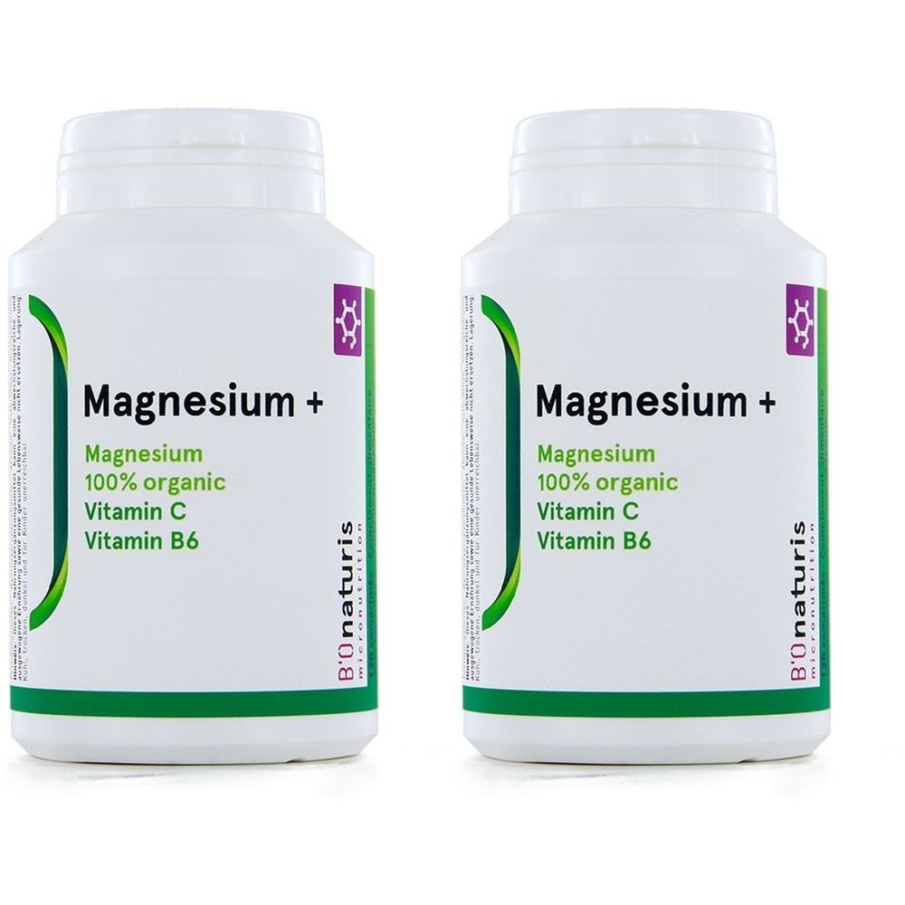 Zwei weiße Flaschen mit Magnesium-Nahrungsergänzungsmittel. Aufschrift: Magnesium+, Magnesium, 100% organic, Vitamin C, Vitamin B6. Marke: B'Onaturis.