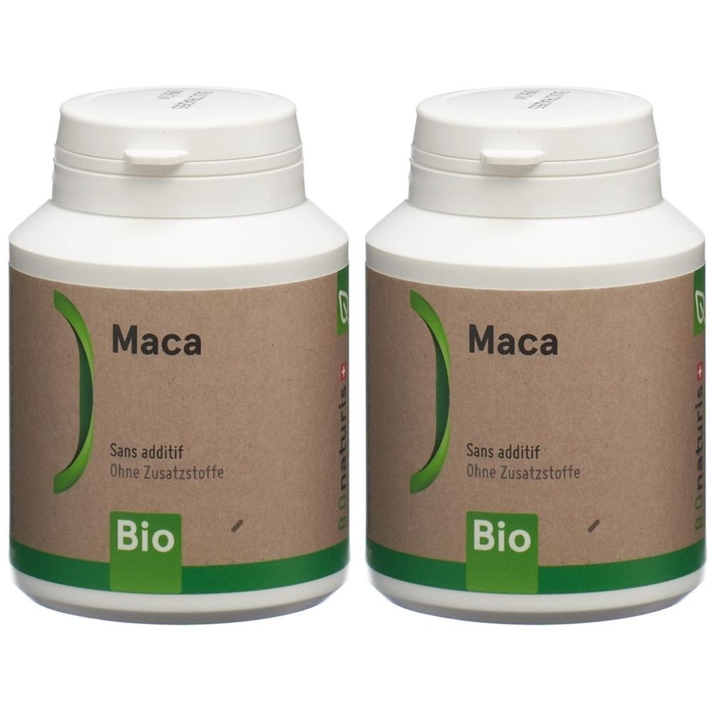 Zwei weiße Flaschen mit braunen Etiketten. Aufschrift: Maca, Sans additif, Bio. Grüne Logo-Elemente.