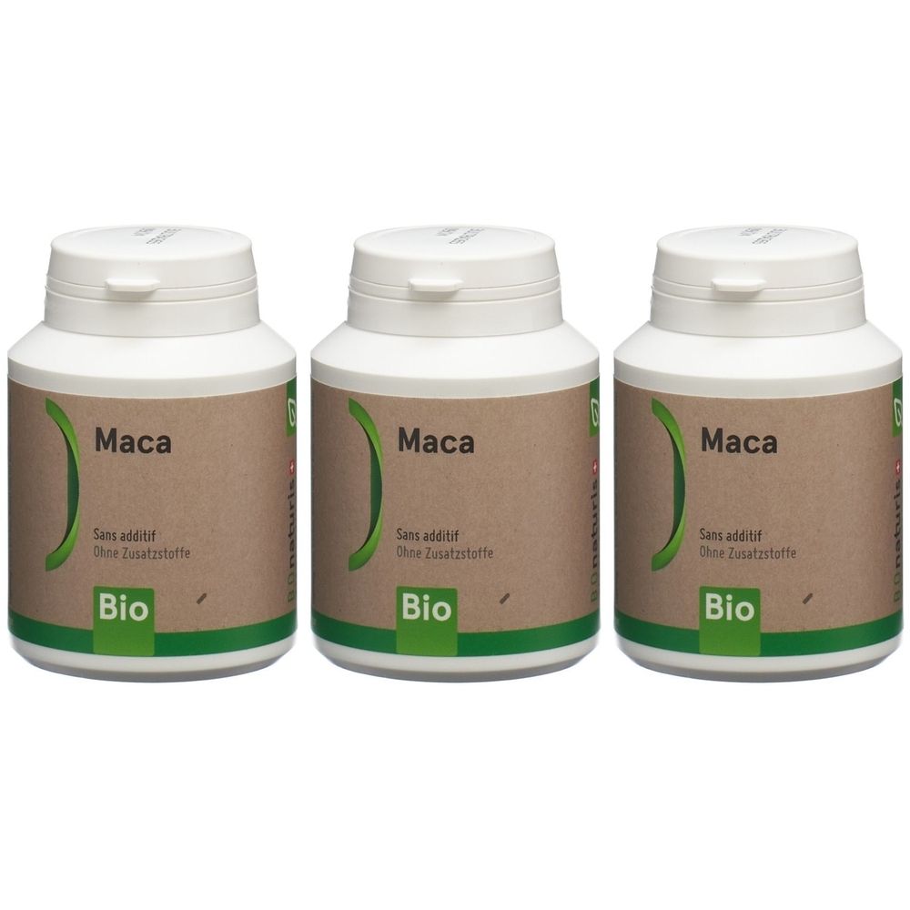 Drei weiße Flaschen mit Deckel. Aufschrift "Maca", "Sans additif", "Ohne Zusatzstoffe" und "Bio".