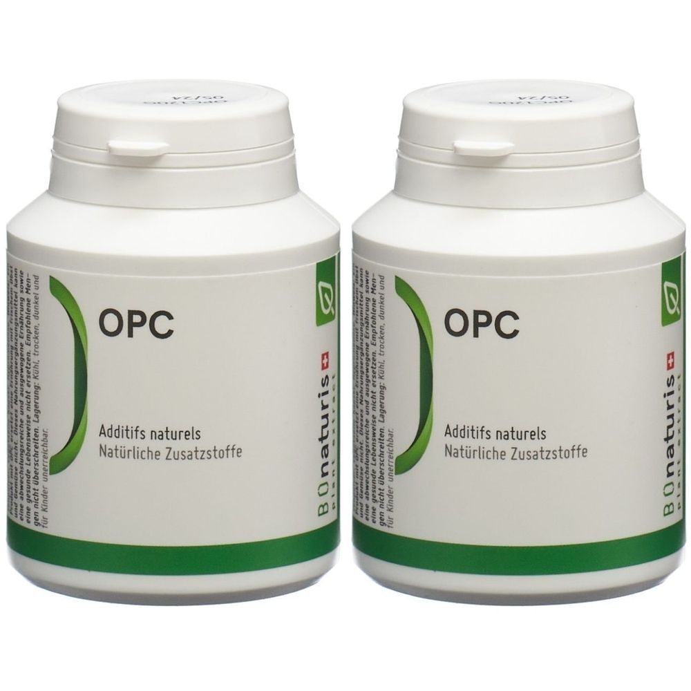 Zwei weiße Flaschen mit Deckel. Aufschrift "OPC" und "Additifs naturels". Marke: Bionaturis.