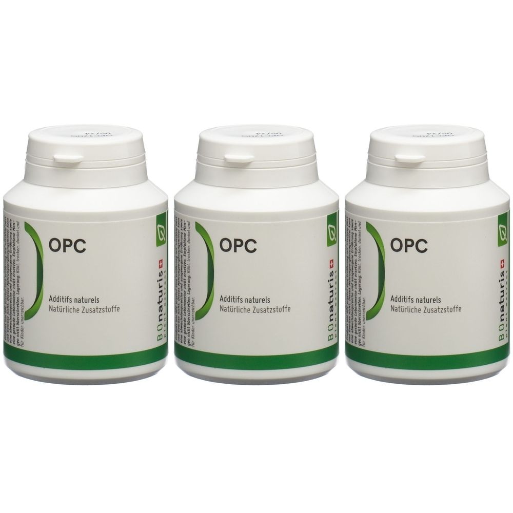 Drei weiße Flaschen mit Deckel. Auf jeder Flasche steht "OPC" und "Additifs naturels". Der Markenname ist teilweise sichtbar.