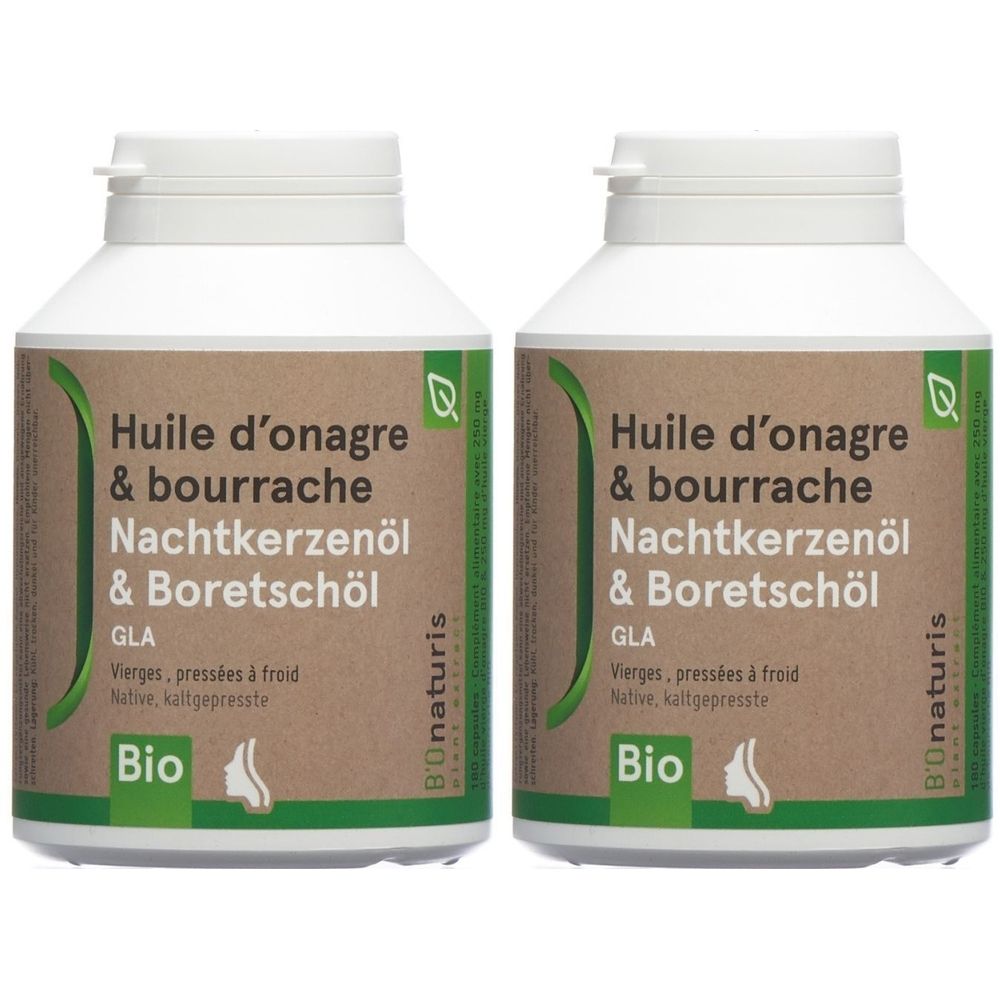 Zwei weiße Flaschen mit Etiketten. Aufschrift: Huile d'onagre & bourrache, Nachtkerzenöl & Boretschöl, GLA, Bio. Marke: Bonaturis.