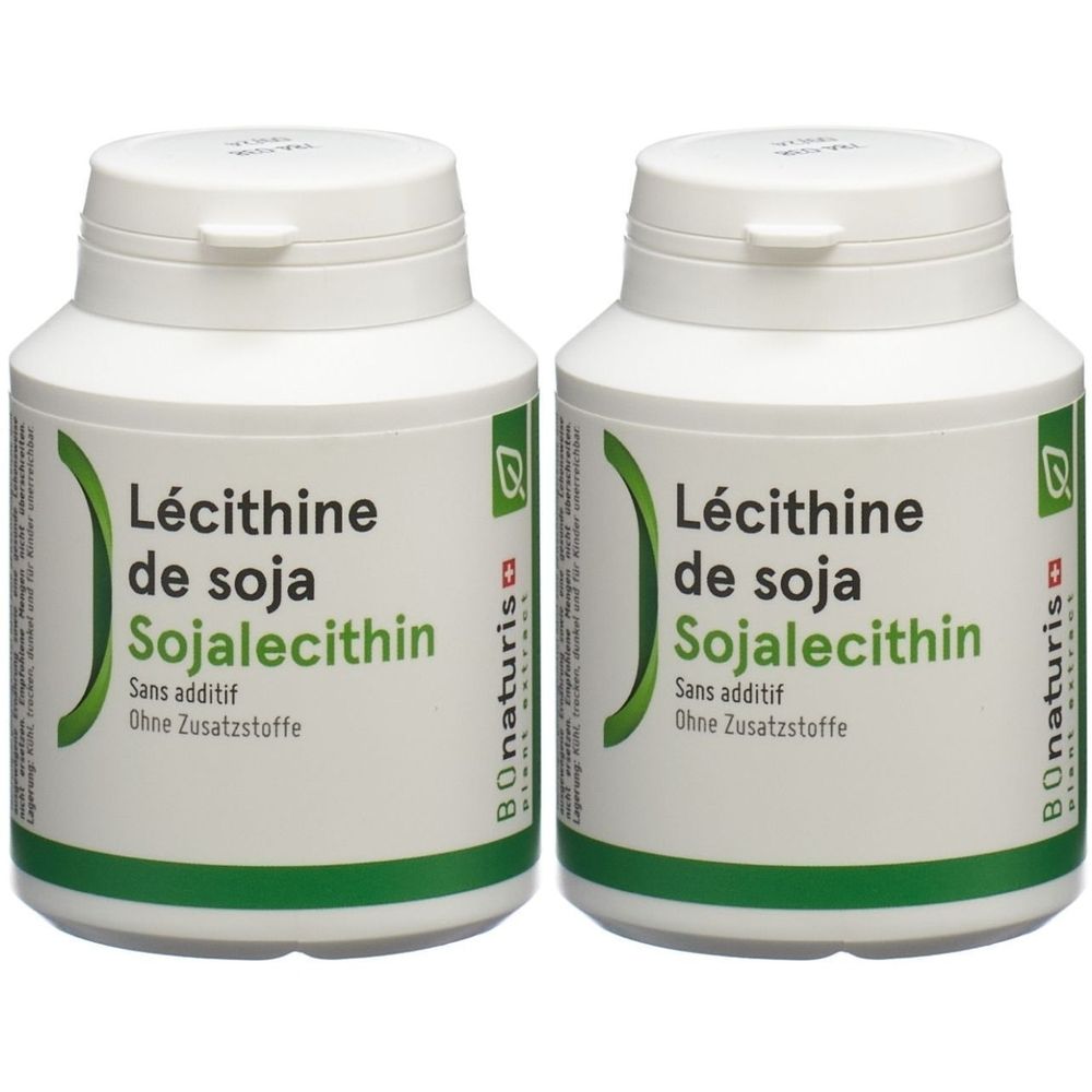 Zwei weiße Flaschen mit grüner Beschriftung. Aufschrift: Lécithine de soja, Sojalecithin, Sans additif, Ohne Zusatzstoffe. Marke: BOnaturis.