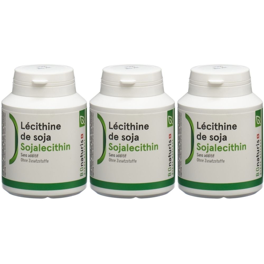 Drei weiße Flaschen mit grünen Etiketten. Auf den Etiketten steht "Lécithine de soja Sojalecithin" und "Sans additif".