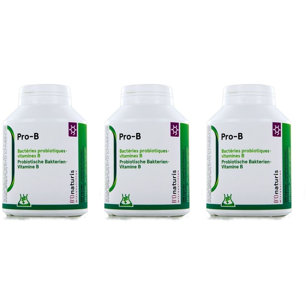 Drei weiße Flaschen mit grünen Etiketten. Auf den Etiketten steht "Pro-B", "Bactéries probiotiques", "Vitamine B" und "Bionaturis".