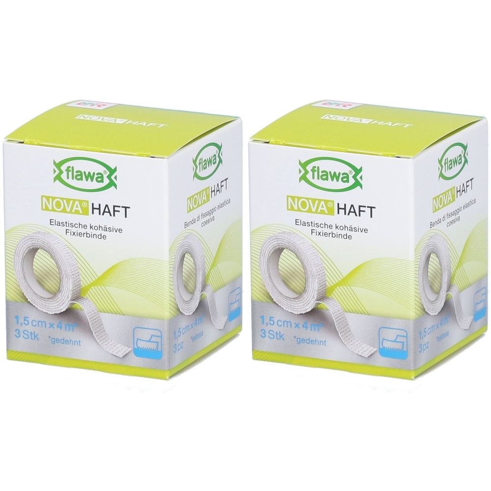 Zwei Kartons mit Flawa Nova Haft Fixierbinde. Aufdruck: 1,5 cm x 4 m, 3 Stück. Grün-weiße Verpackung mit Produktabbildung.