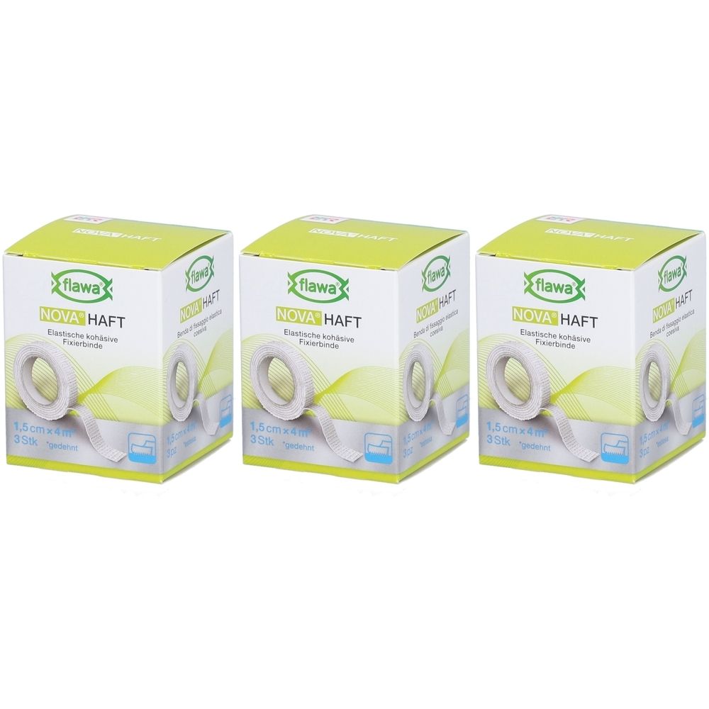 Trois boîtes de Flawa Nova Haft. Inscription : 1,5 cm x 4 m. Bande adhésive élastique. Design vert et blanc avec image du produit.