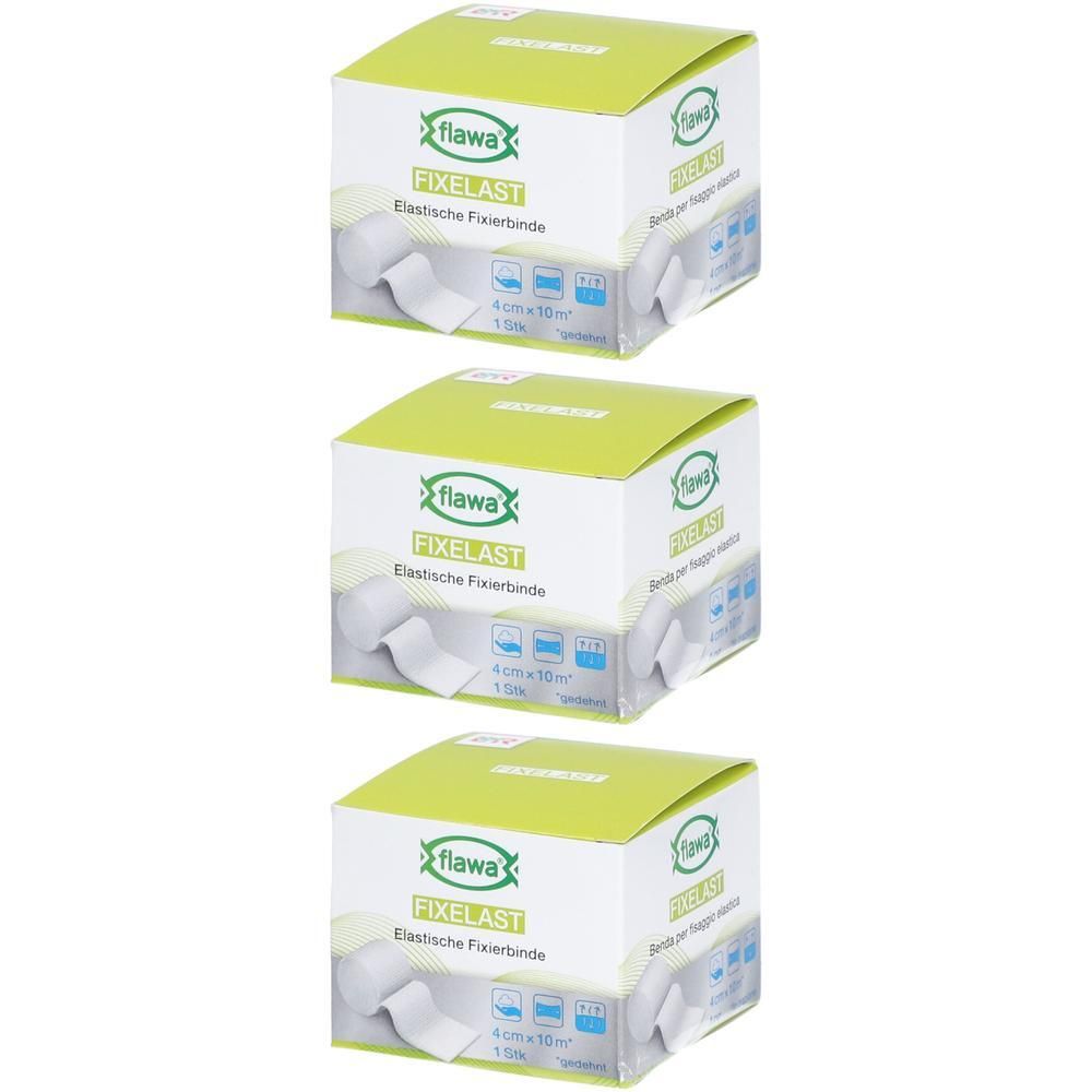 Trois boîtes de bande de fixation élastique FLAWA Fixelast, 4 cm x 10 m. Emballage vert et blanc avec informations produit.