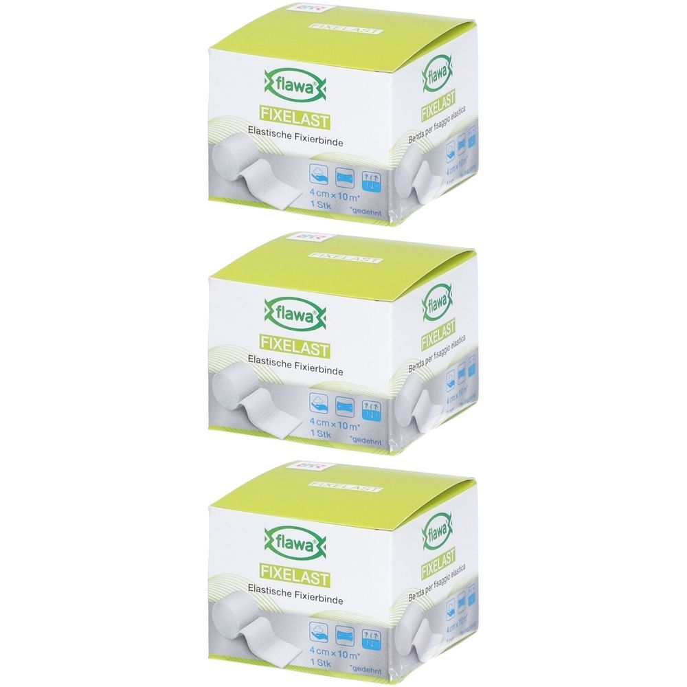 Drei Kartons FLAWA Fixelast Fixierbinde. Aufdruck: 4 cm x 10 m. Grün-weiße Verpackung mit Produktlogo und -bezeichnung.