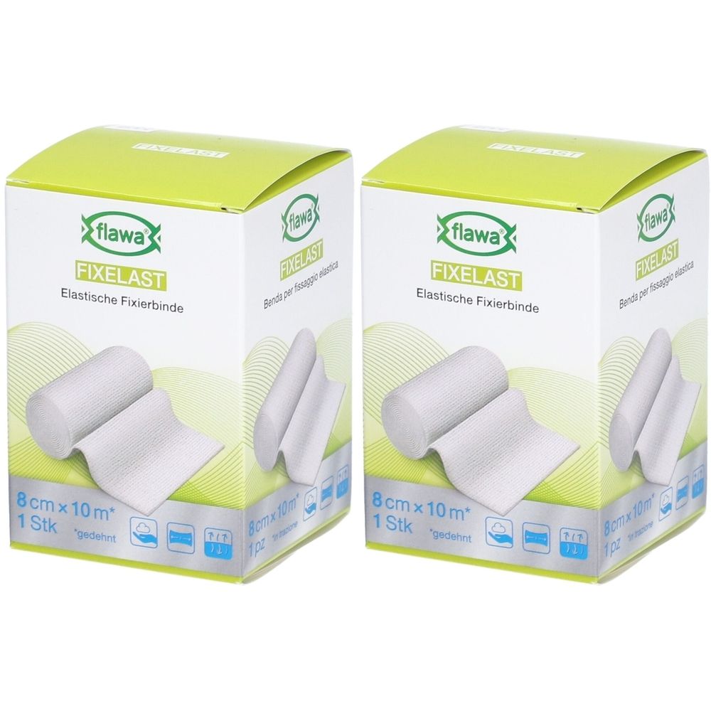 Zwei Kartons Flawa Fixelast Fixierbinde. Aufdruck: 8cm x 10m, 1 Stk. Produktabbildung: Rolle und ausgebreitete Binde.