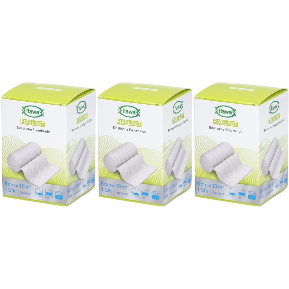 Trois paquets de bande de fixation élastique Flawa Fixelast, 8cm x 10m.