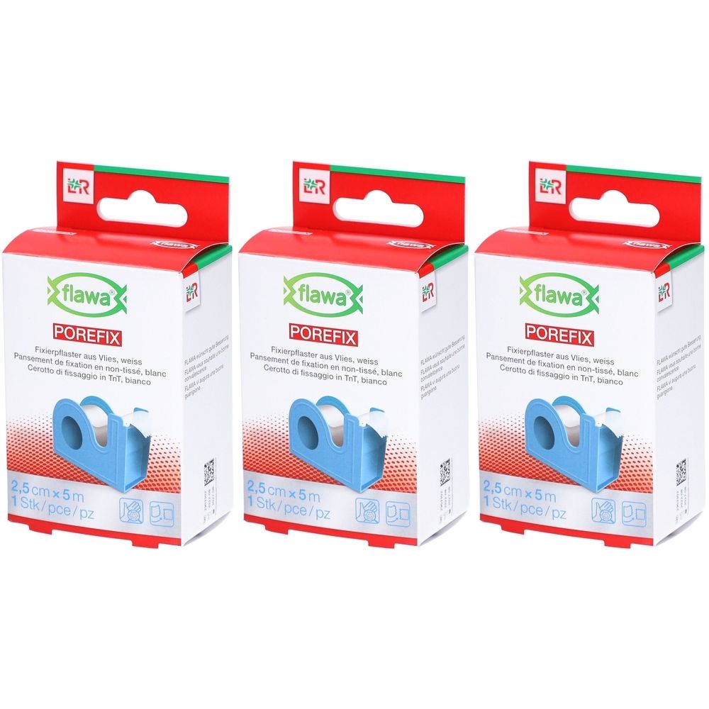 Trois distributeurs de pansements Porefix blancs. Emballage rouge et blanc avec applicateur bleu. Inscription : flawa POREFIX, 2,5 cm x 5 m.