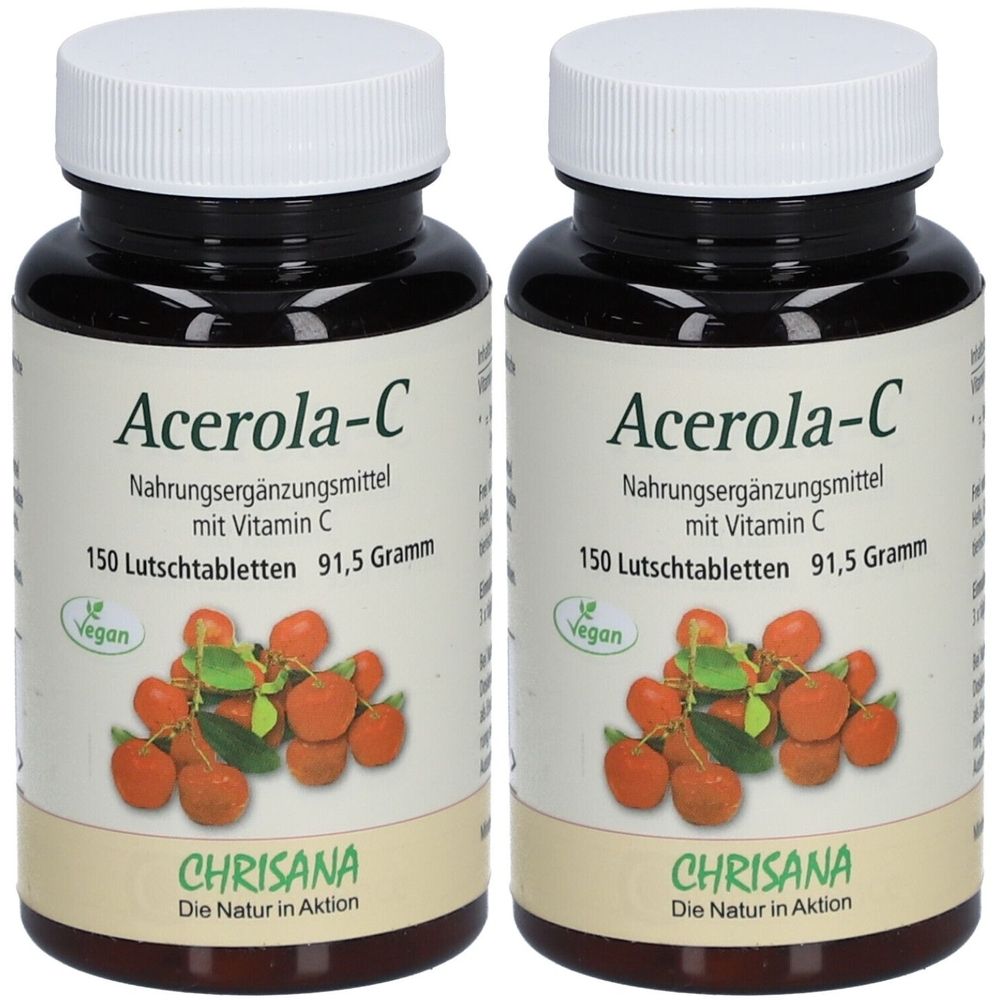 Zwei Flaschen Chrisana Acerola-C Lutschtabletten. Aufschrift: Acerola-C, Nahrungsergänzungsmittel mit Vitamin C, 150 Lutschtabletten, 91,5 Gramm. Vegan-Siegel.