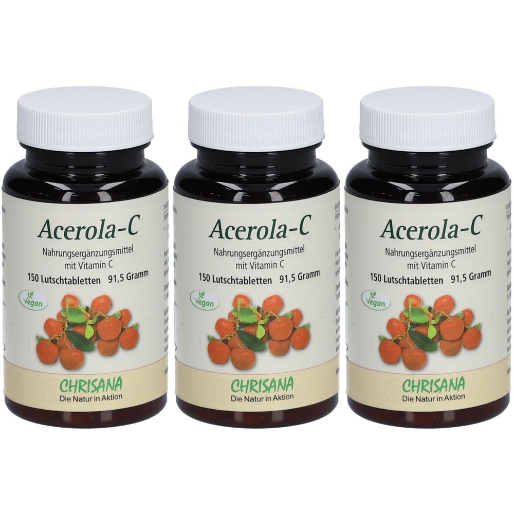 Drei Flaschen Chrisana Acerola-C Lutschtabletten. Schwarze Flaschen mit weißen Deckeln und Etiketten. Aufschrift: Acerola-C, 150 Lutschtabletten, 91,5 Gramm.