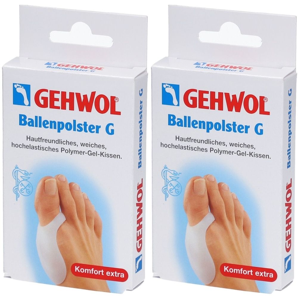 Zwei Packungen GEHWOL Ballenpolster G. Weiße Verpackung mit Produktabbildung und Logo. Komfort extra.