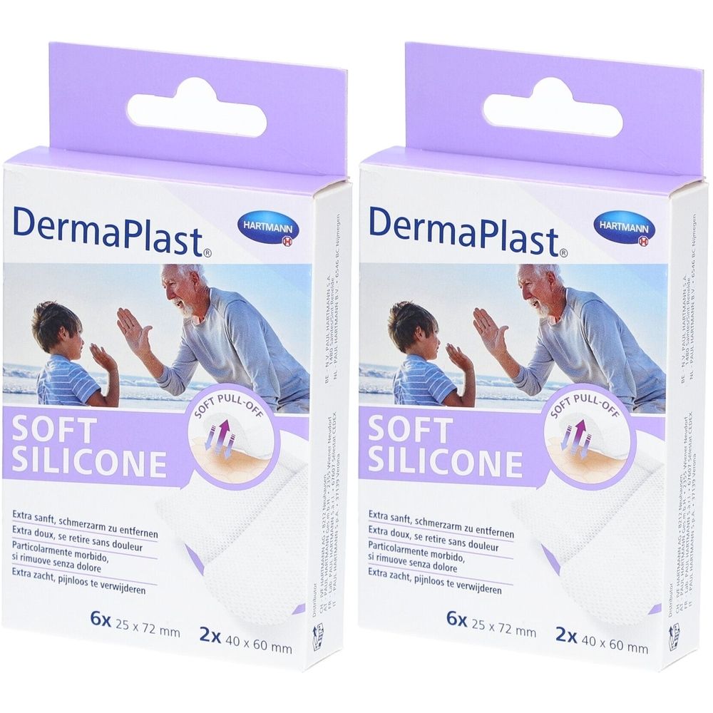 Zwei Packungen DermaPlast® Soft Silicone Pflaster. Aufschrift: Soft Silicone. 6x 25 x 72 mm und 2x 40 x 60 mm. Marke Hartmann.