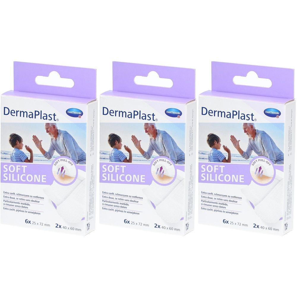 Drei Packungen DermaPlast Soft Silicone. Jede Packung zeigt ein Kind und einen Mann. Aufschrift: Soft Silicone, 6x 25x72 mm, 2x 40x60 mm.