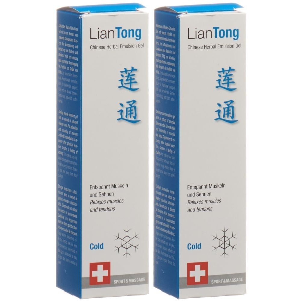 Deux boîtes rectangulaires avec des informations sur le produit. Inscription : LianTong, Chinese Herbal Emulsion Gel. Texte en allemand et en anglais. Croix suisse.