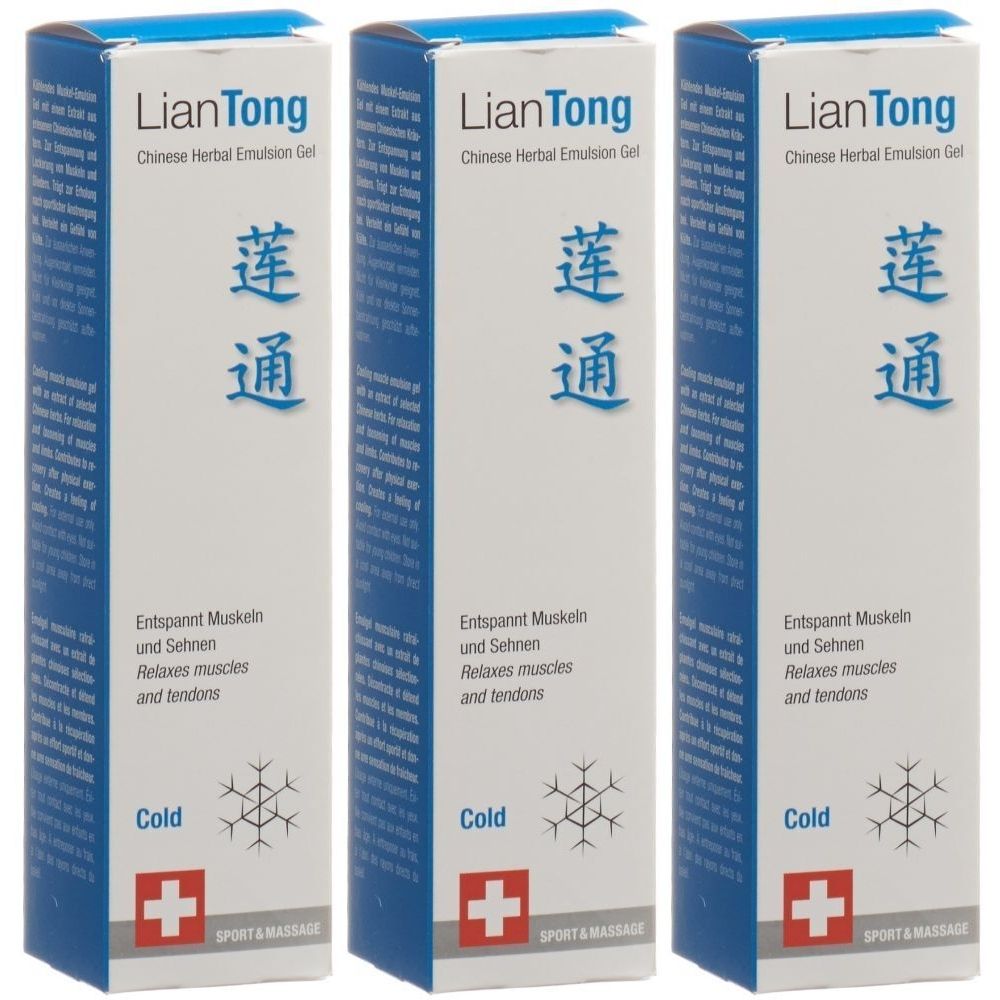 Drei rechteckige Schachteln mit Produktinformationen. Aufschrift: LianTong Chinese Herbal Emulsion Gel. Text in chinesischer und englischer Sprache.