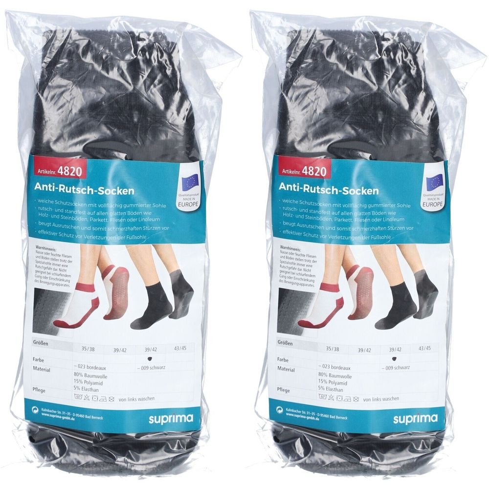 Zwei Packungen schwarzer Anti-Rutsch-Socken in Folienverpackung. Aufdruck mit Produktinformationen und Größenangaben. Marke: suprima.