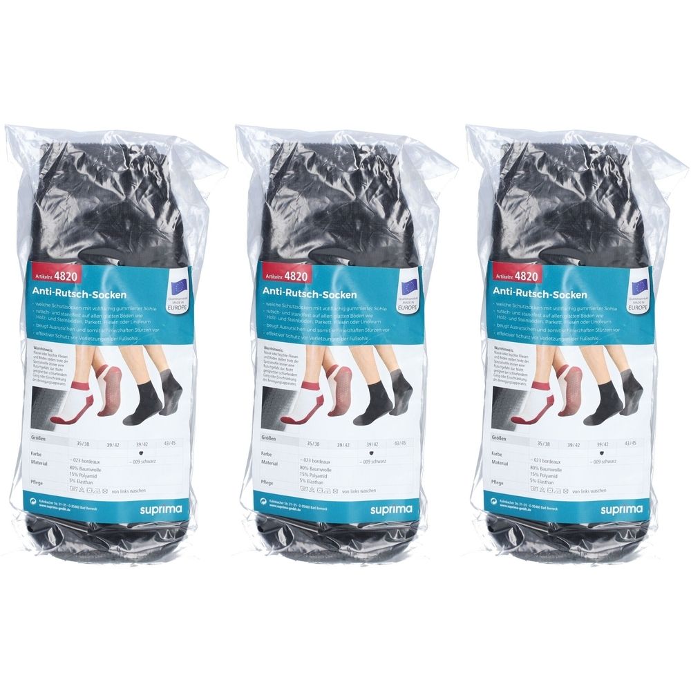 Drei Packungen schwarzer Anti-Rutsch-Socken in Folienverpackung. Aufdruck: Anti-Rutsch-Socken, Größenangabe, Marke suprima.