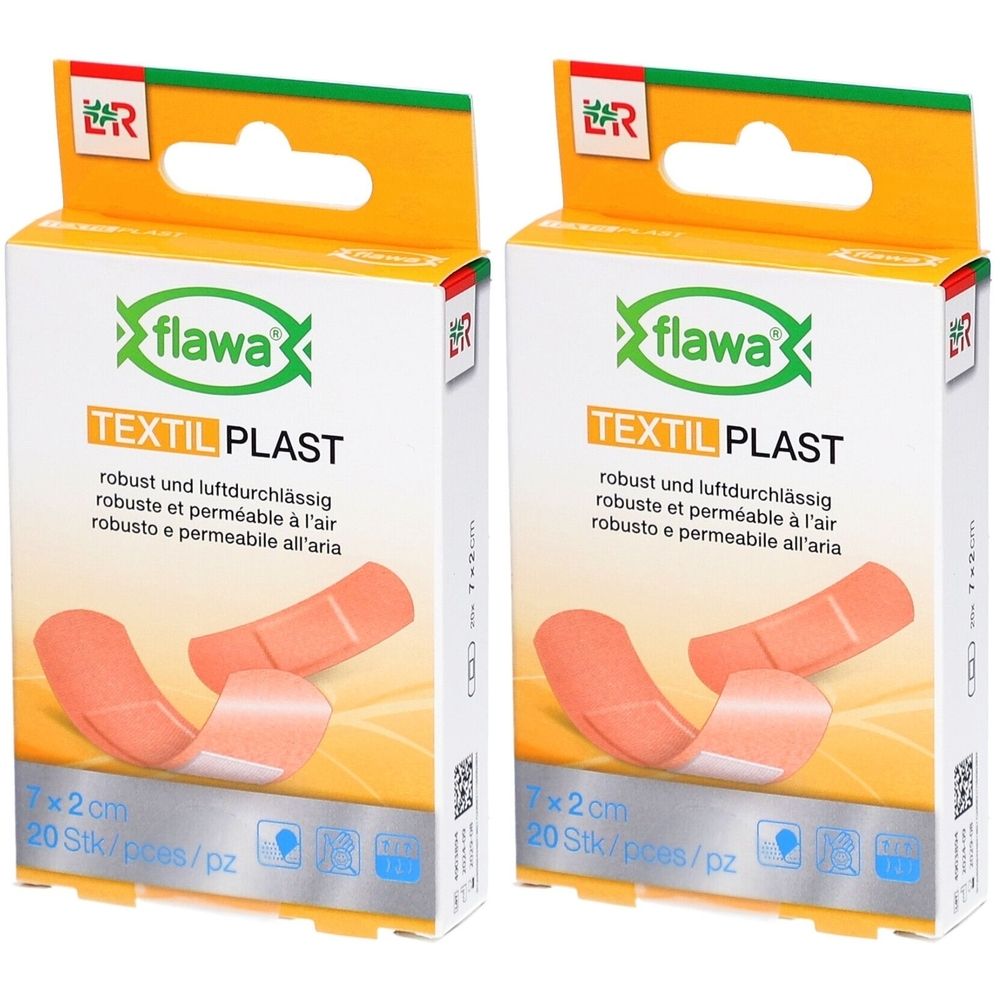 Zwei Packungen FLAWA Textil Plast Pflaster. Jede Packung enthält 20 Stück, 7x2cm. Sichtbar: Marke, Produktname, Eigenschaften.