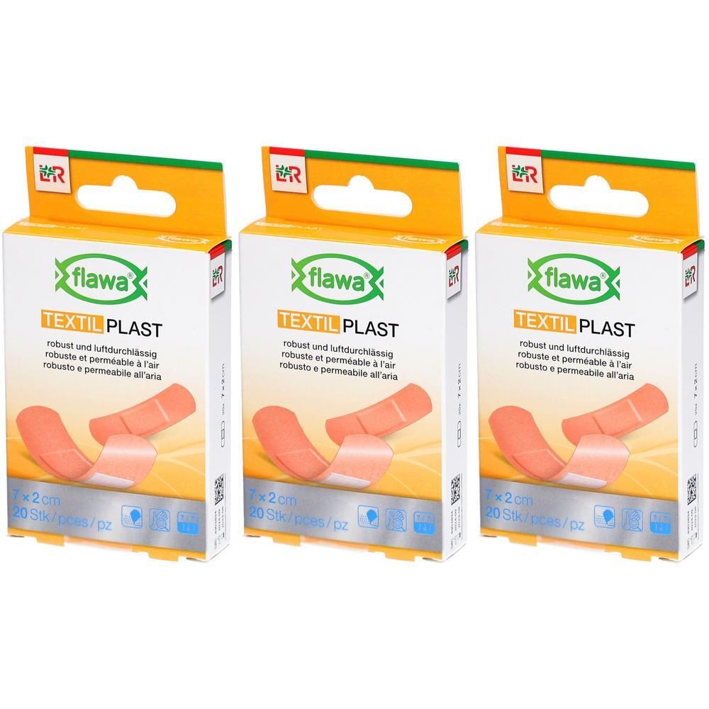 Trois paquets de pansements FLAWA Textil Plast, 20 pièces chacun, 2 cm x 7 cm.