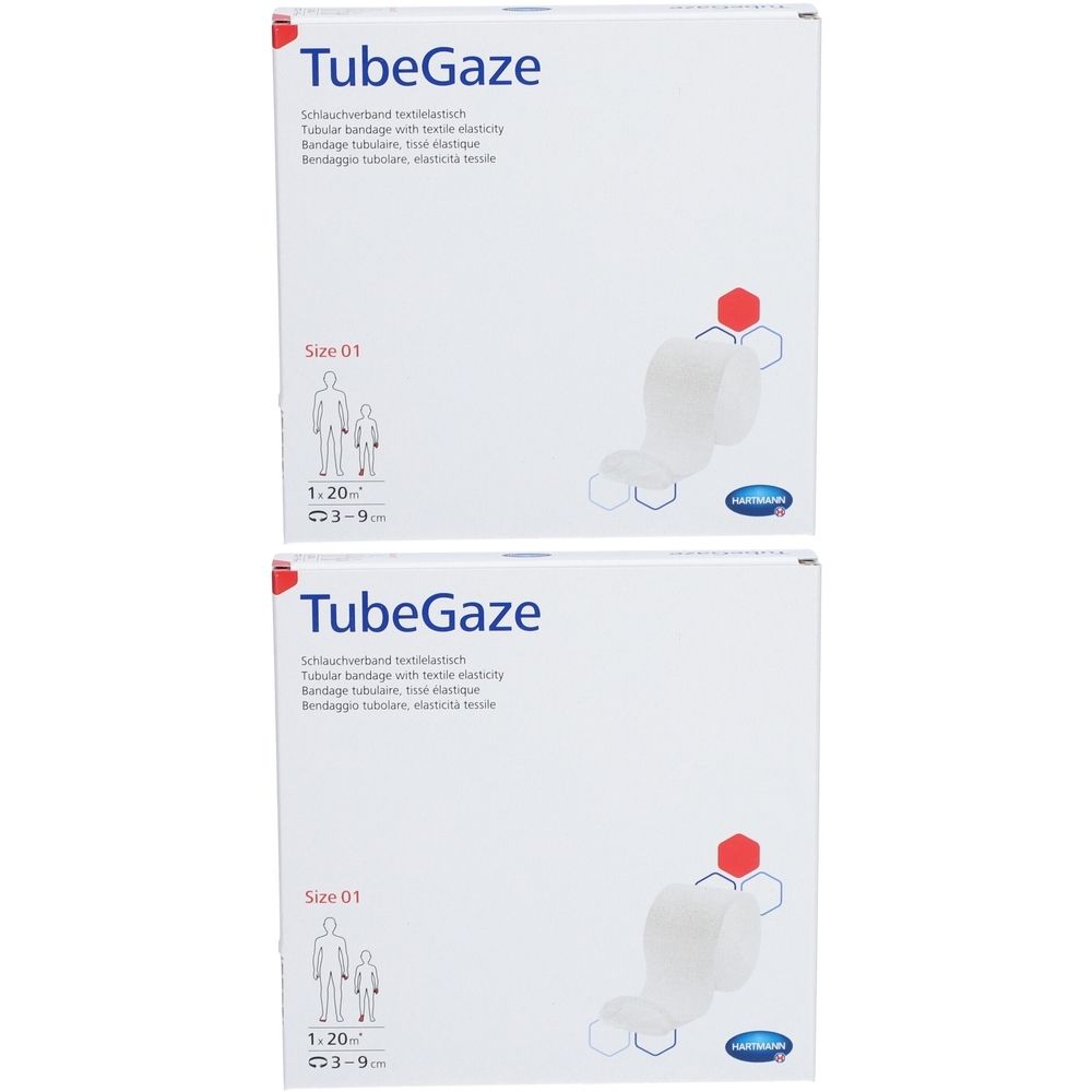 Emballage de TubeGaze. Bandage tubulaire avec élasticité textile. Taille 01. Représentation d'un homme et d'un enfant. 1,20-9 cm.