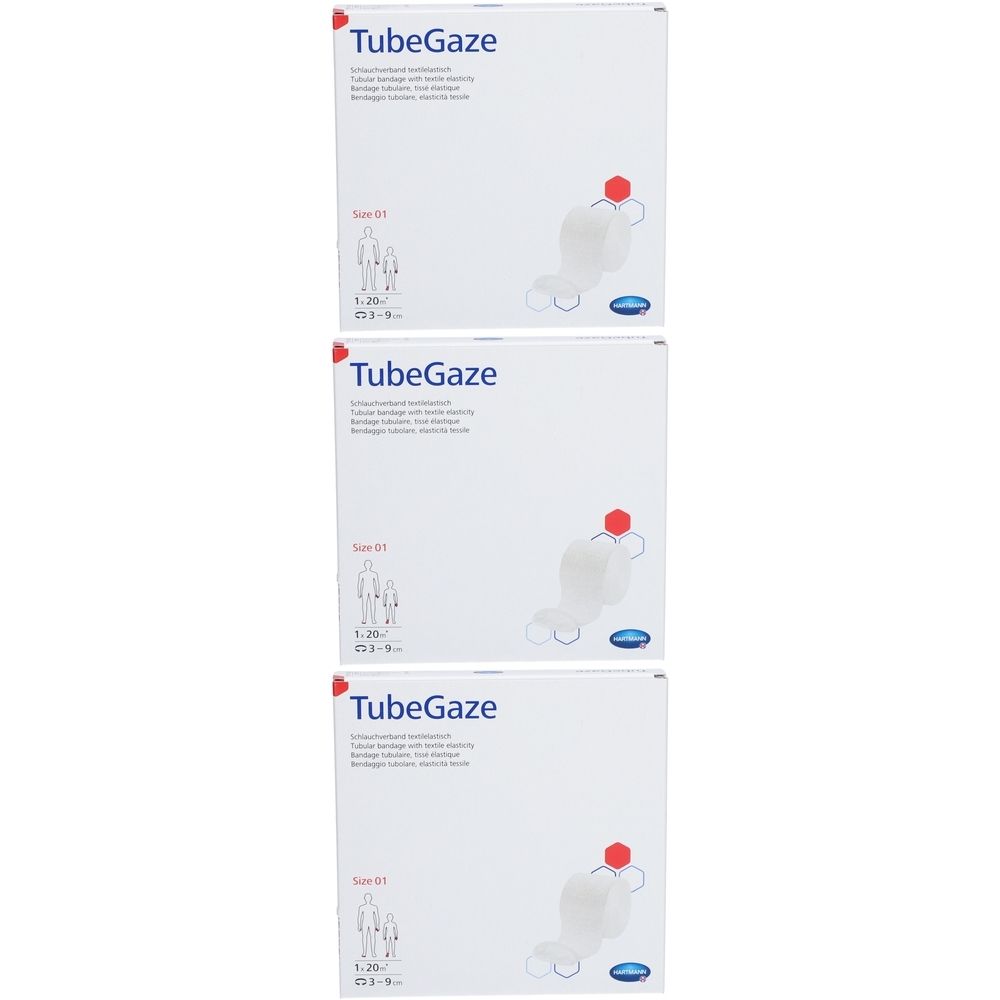 Trois boîtes de TubeGaze. Boîtes blanches avec logo rouge et illustration du produit. Texte: TubeGaze, bandage. Set 01, indications de taille.