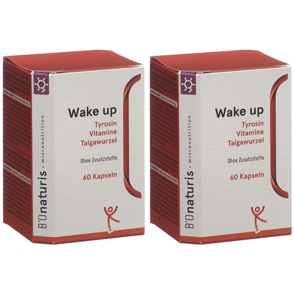 Zwei rechteckige Kartons mit der Aufschrift "Wake up". Aufschrift: Tyrosin, Vitamine, Taigawurzel, ohne Zusatzstoffe, 60 Kapseln. Marke: B'onaturis.