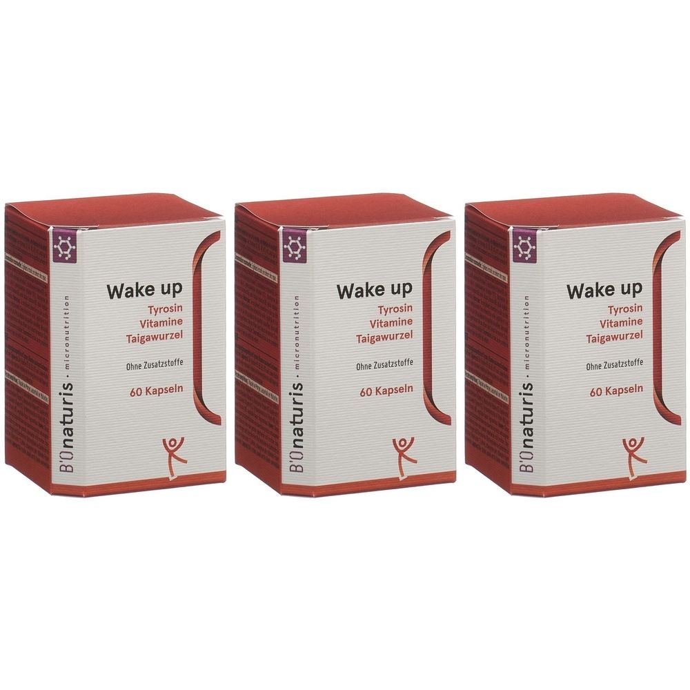 Drei Schachteln mit "Wake up"-Aufschrift. Auf jeder Schachtel stehen Inhaltsstoffe wie Tyrosin, Vitamine und Taigawurzel. Jede Schachtel enthält 60 Kapseln.